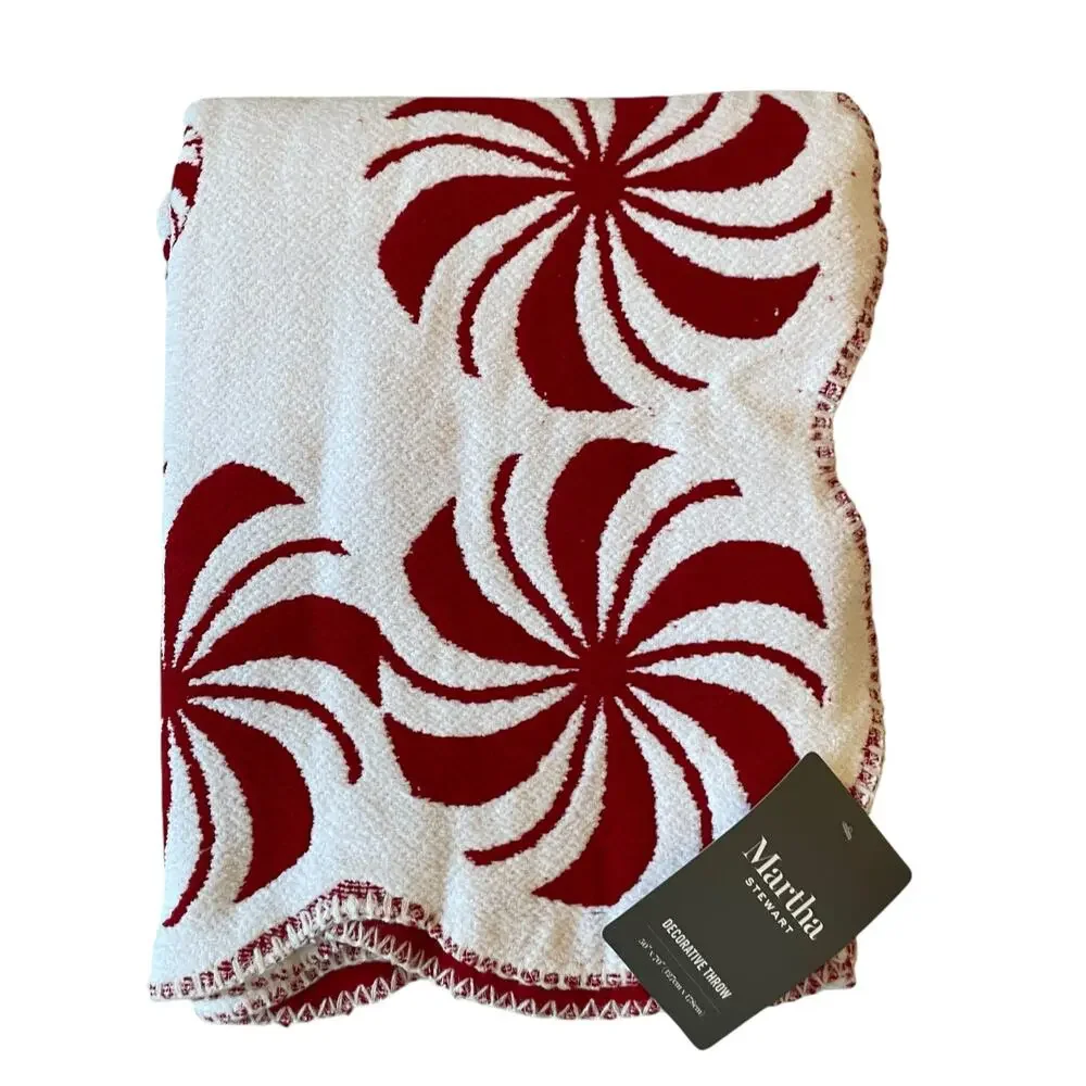 Martha Stewart Christmas Throw 50x70 Holiday Peppermint Candy Red White NEW
